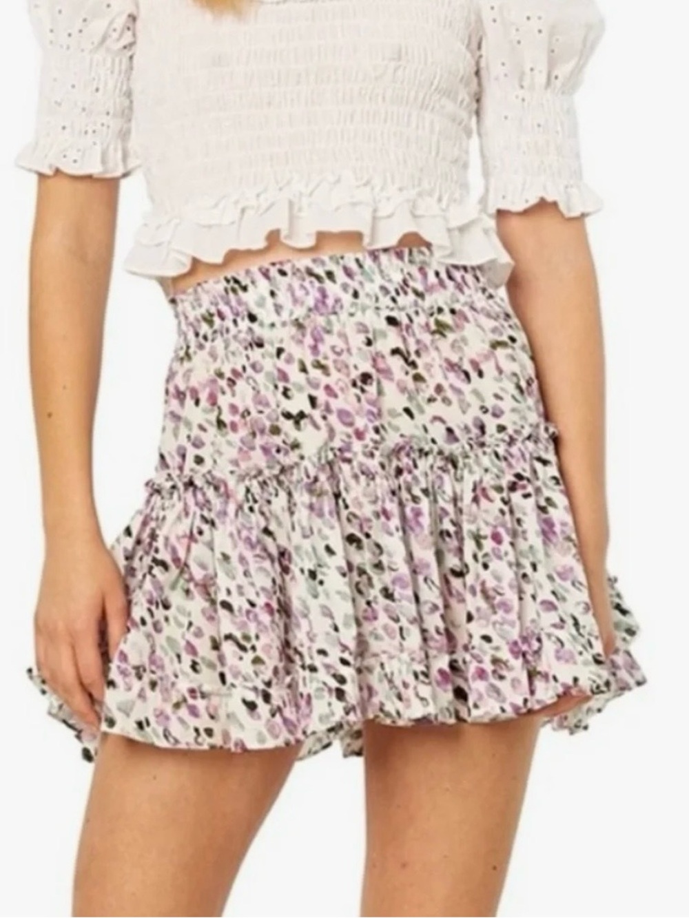 Misa Los Angeles White Mini Skirt with Lavender Floral Print